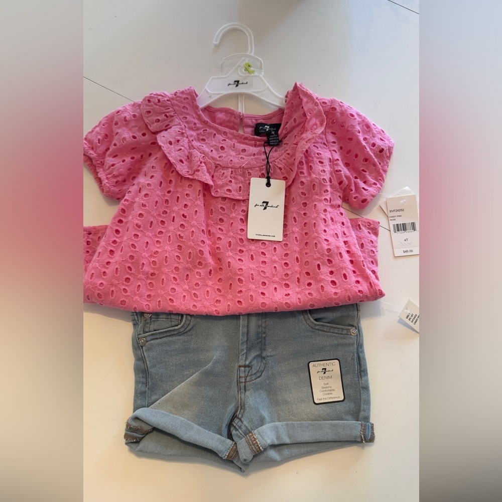 7 For All Mankind Pink Short Sleeve Tee with Lace Detail